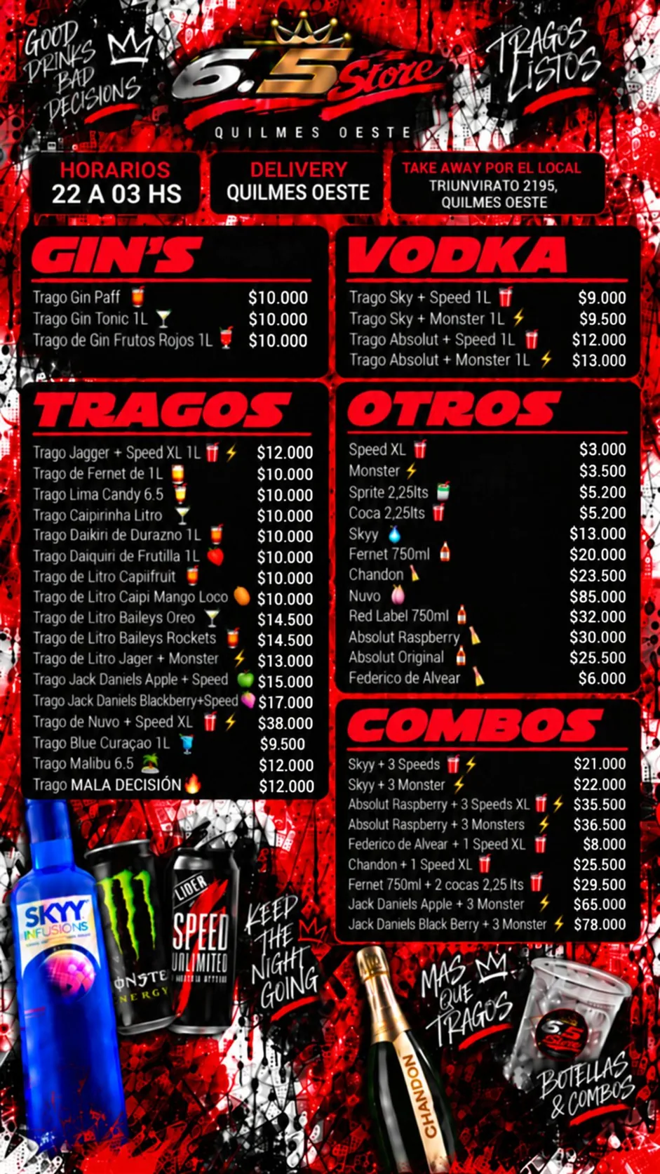 Carta de tragos de 6.5 Store con todos los precios