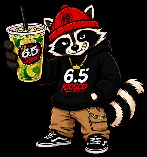 Rocco, la mascota de 6.5 Store, con un trago